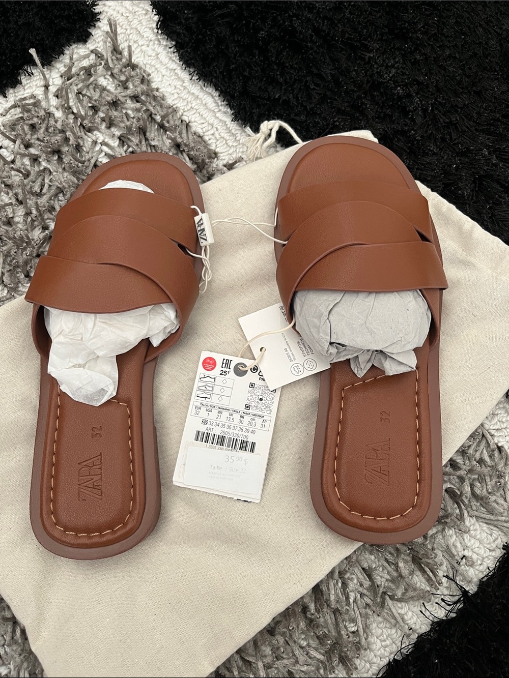 Zara Tan Brown Crossover Strap Kids Slide Sandals